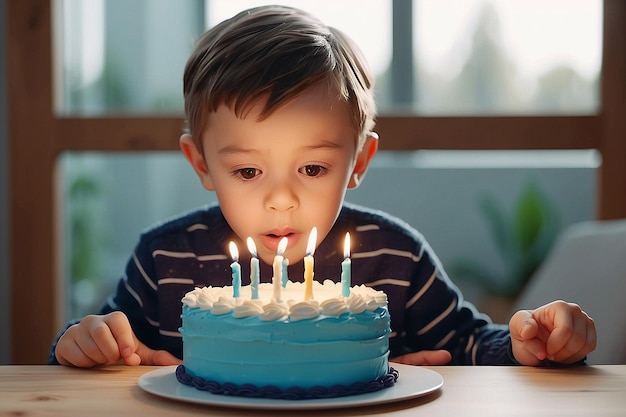 Photo adorable little boy blowing out birthday cake candle generative ai art