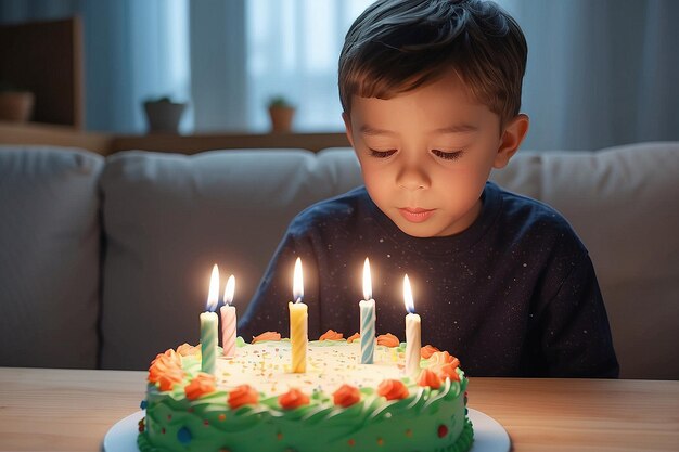 Photo adorable little boy blowing out birthday cake candle generative ai art