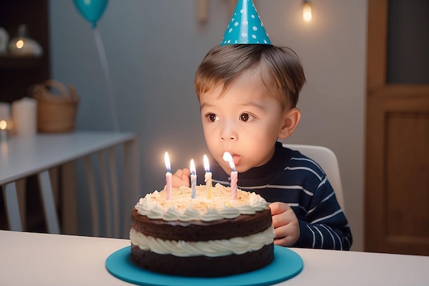 Photo adorable little boy blowing out birthday cake candle generative ai art