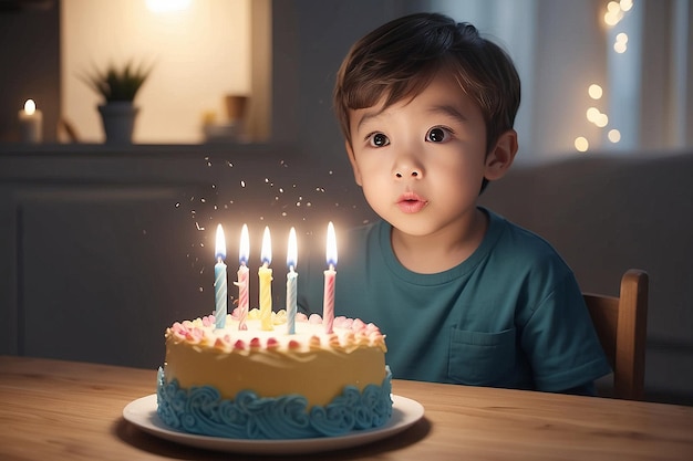 Photo adorable little boy blowing out birthday cake candle generative ai art