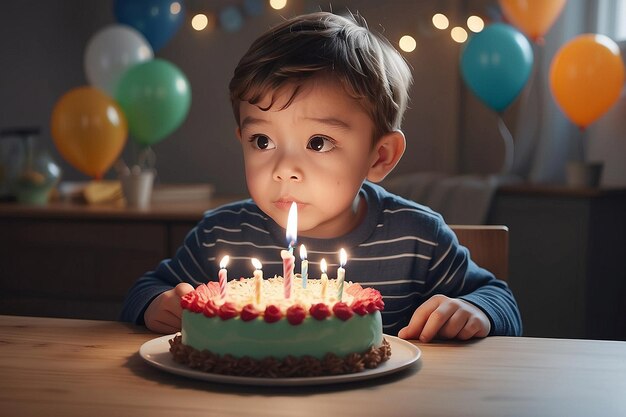 Photo adorable little boy blowing out birthday cake candle generative ai art