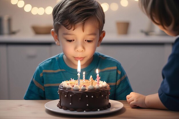 Photo adorable little boy blowing out birthday cake candle generative ai art