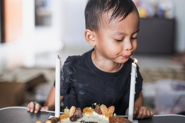 Adorable little boy celebrating his birthday and blowing candles on homemade baked cake, indoor.