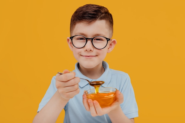 Adorable little boy in glasses smiling and looking at camera while enjoying healthy sweet honey agai...