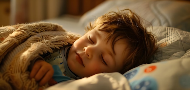 Photo adorable little boy sleeping in bed