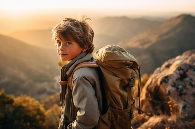 Adorable little boy with backpack hiking in mountains at sunset Travel and active lifestyle concept