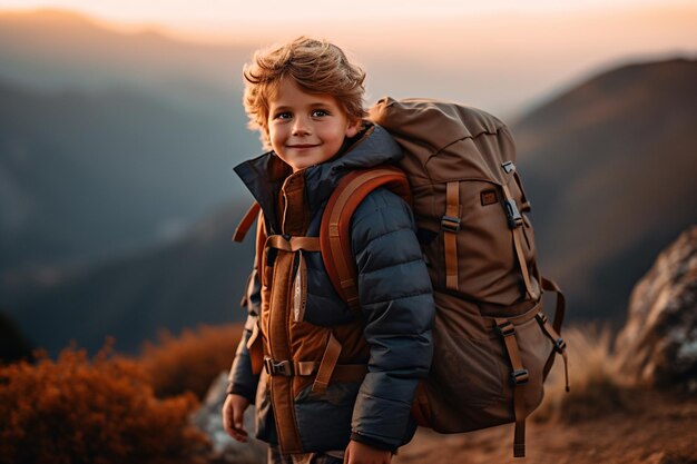 Adorable little boy with backpack hiking in mountains at sunset Travel and active lifestyle concept