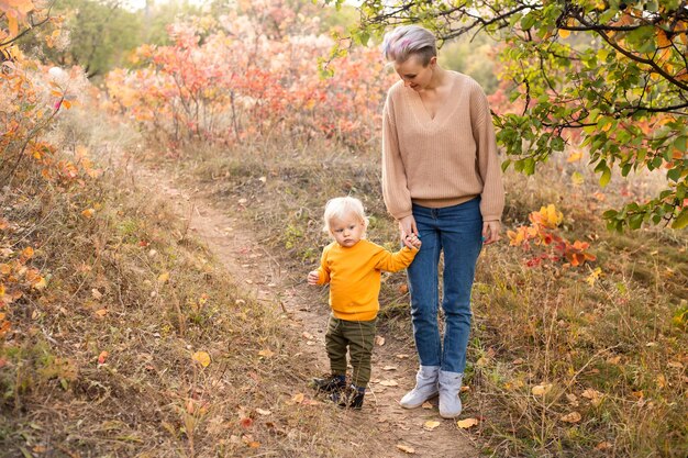 An adorable little boy with his mother in autumn forest