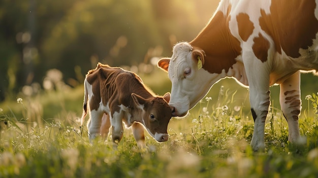 Adorable little calf standing on grassy meadow near cow while drinking milk from udderGenerative Ai