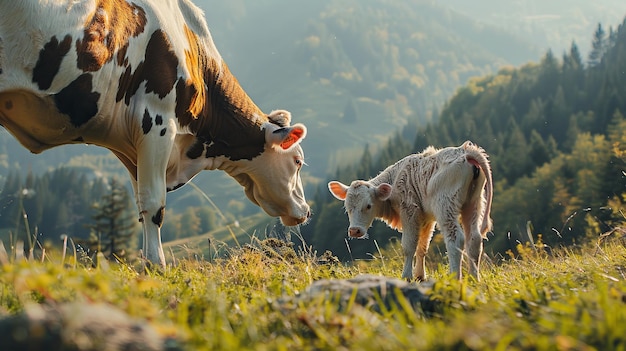 Adorable little calf standing on grassy meadow near cow while drinking milk from udderGenerative Ai