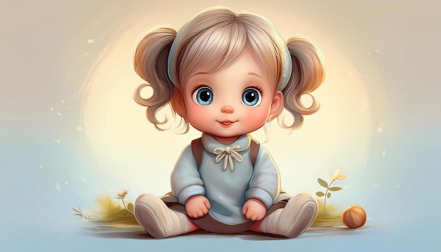 Adorable little cartoon girl with large blue eyes dressed in blue seated on the floor and smiling