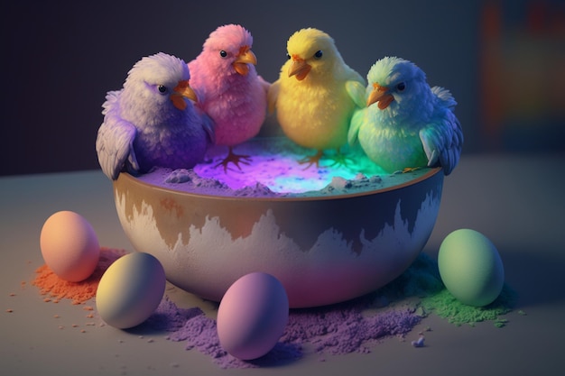 Adorable Little Chicks Painting Easter Eggs and Covered in Colors