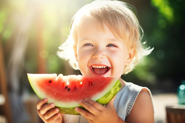 Adorable little child with blond hairs eating watermelon