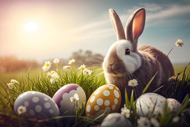 Adorable little Easter bunny rabbit with colorful painted eggs in the sunny field Generative AI