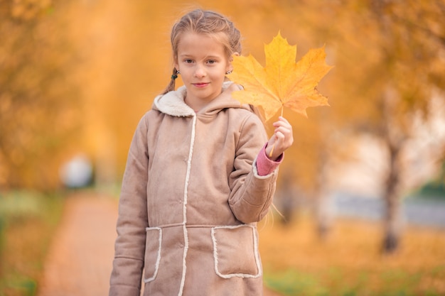 Adorable little girl at beautiful autumn day outdoors