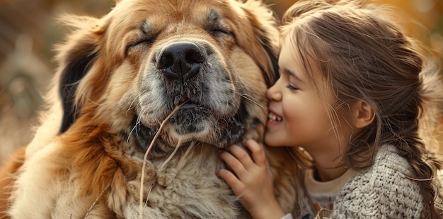 Photo adorable little girl cuddling with her loyal dog a young girl shows affection for her furry c