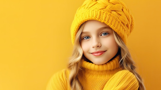 Adorable Little Girl in Cute Yellow Knit Sweater on Yellow Background with Fashionable Hat