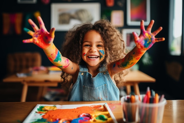 An adorable little girl at her table at home with her colored hands