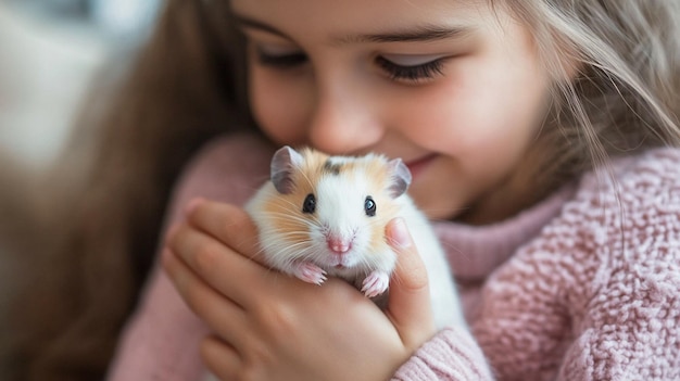 Photo adorable little girl holding cute hamster at home closeup