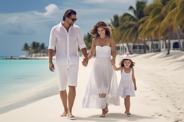 Adorable little girl with her parents on the beach