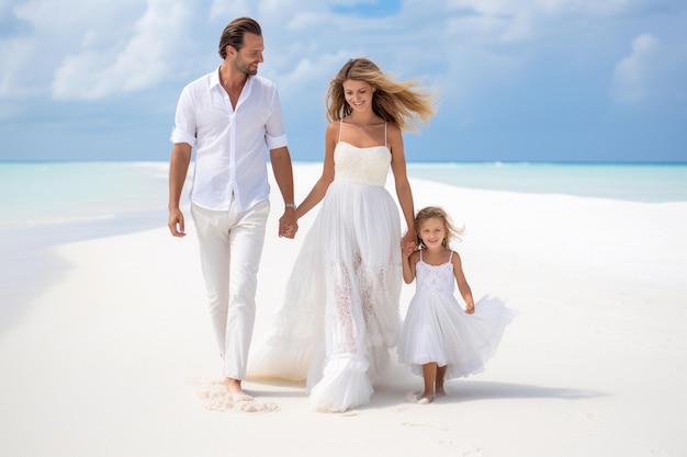 Adorable little girl with her parents on the beach