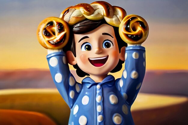 Adorable little kid boy eating huge big bavarian german pretzel Happy blond child enjoying tasteful