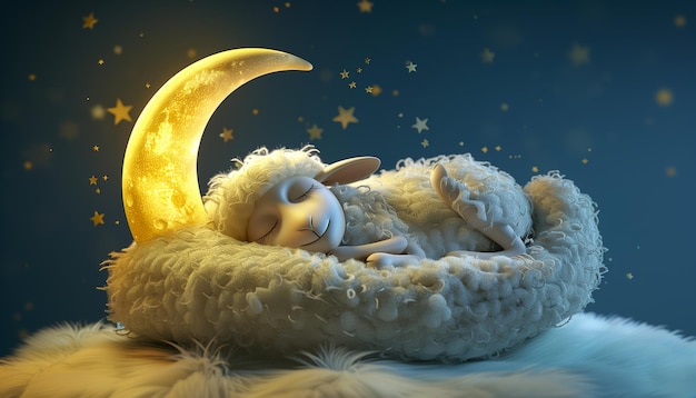 Adorable Little Sheep Sleeping On The Moon Illustration For Kids Fashion Artworks And Baby Graphics Ideal For Use In Design