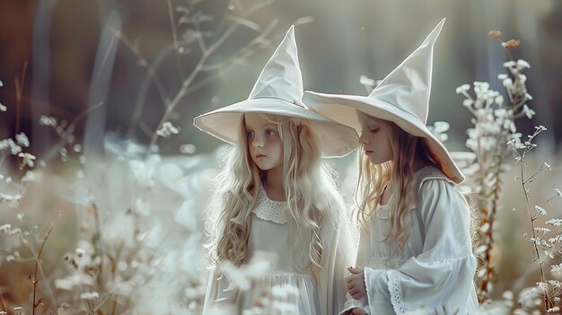 Photo adorable little witch girls in white