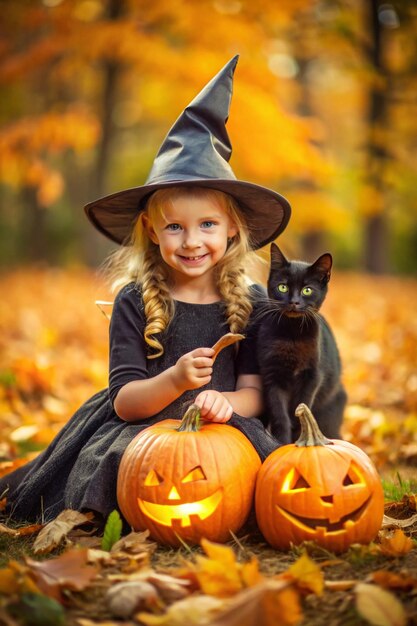 Adorable Little Witch Holding Pumpkin Next to a Friendly Black Cat Perfect for Halloween