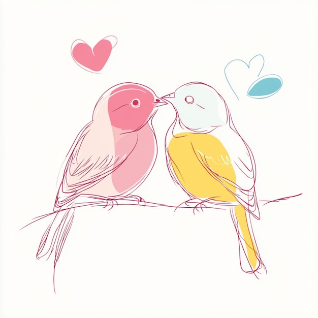 Photo adorable love birds in a minimal line drawing and pastel colors