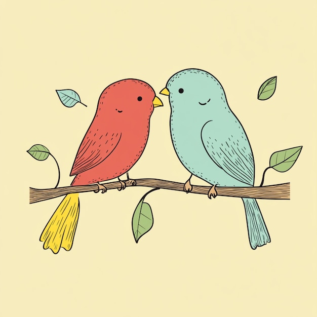 Photo adorable love birds in a minimal line drawing and pastel colors