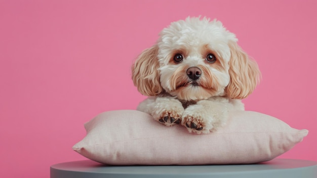 Photo adorable maltipoo dog resting on grey table with pillow