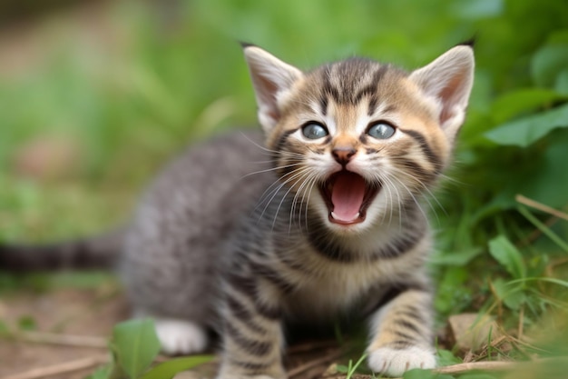 adorable meowing tabby kitten outdoors