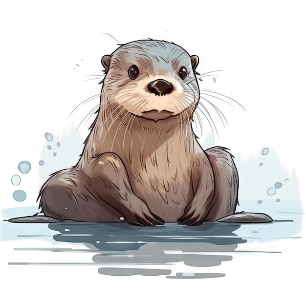 Adorable Minimalist Digital Drawing of a Playful Otter on a White Background