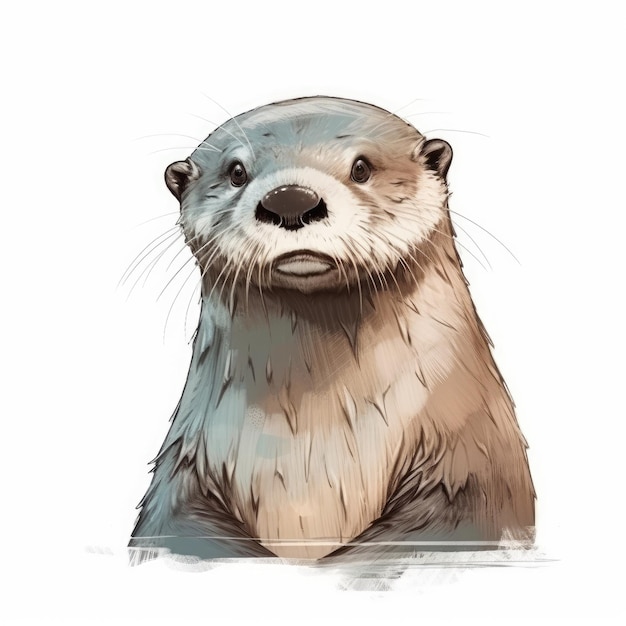 Adorable Minimalist Digital Drawing of a Playful Otter on a White Background