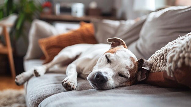 Adorable mixed breed dog relaxing on sofa