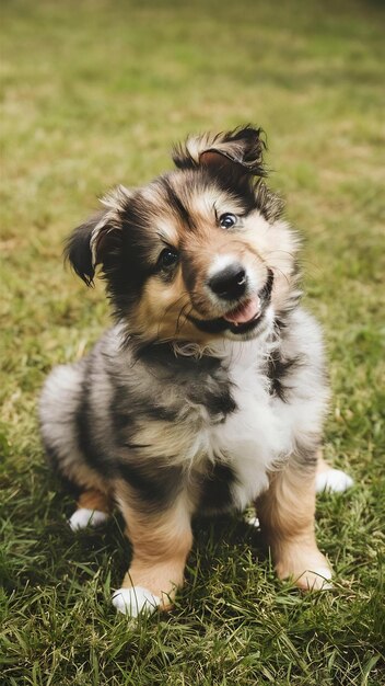 Photo adorable mixed breed puppy looking up with copy space