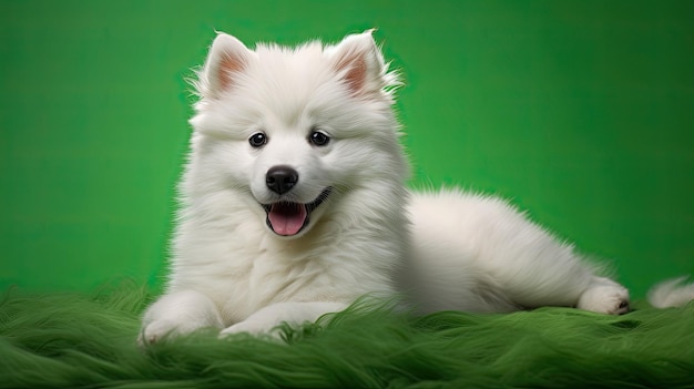 Adorable Mixed Breed White Puppy and Samoyed Dog Playing in Green Grass Background