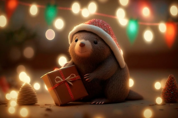 Adorable Mole with Christmas Hat and Present A Bokeh Holiday Delight