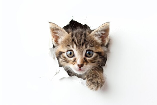 adorable moment a curious kitten peeks through a torn white paper its eyes wide and inquisitive