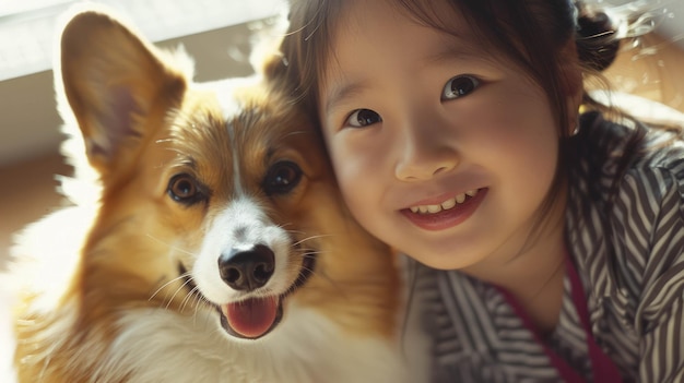 An adorable moment of a little Asian girl and her corgi both smiling at the camera reflecting happin