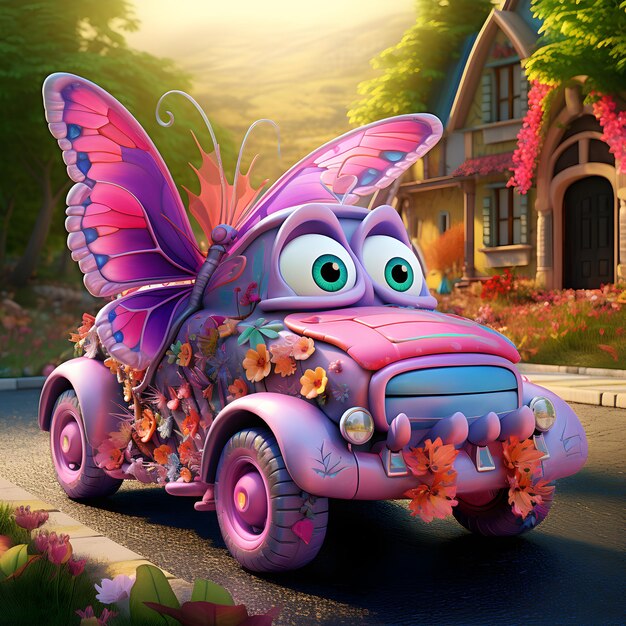 Adorable monster car with flower petal seats and butterfly wings