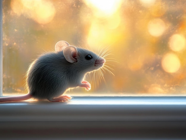 Photo adorable mouse sitting on windowsill backlit by golden sunlight