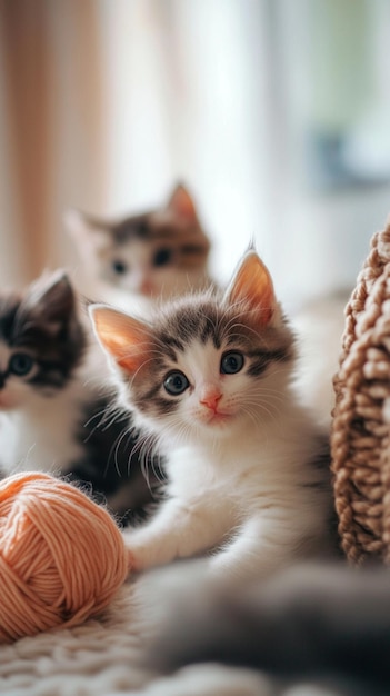 Photo adorable multicolored kittens playfully tangled in yarn in a sunlit living room