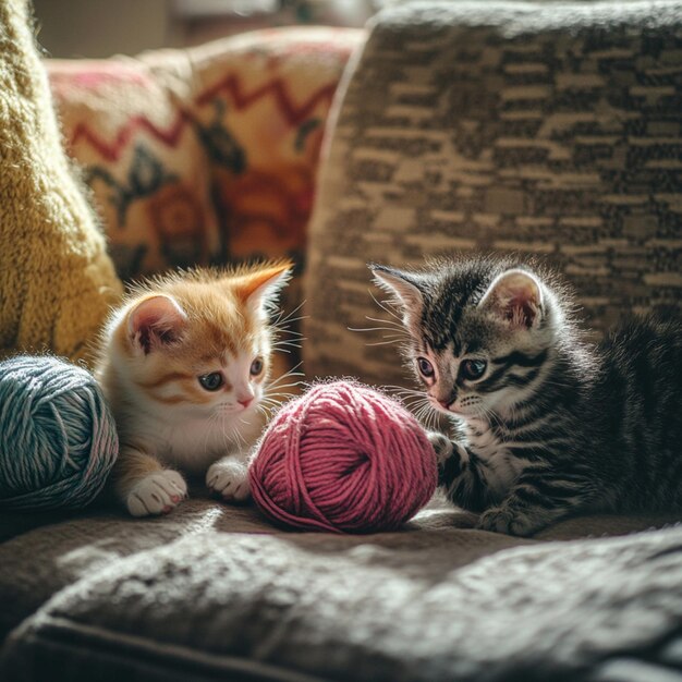 Photo adorable multicolored kittens playfully tangled in yarn in a sunlit living room