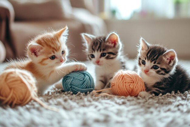 Photo adorable multicolored kittens playfully tangled in yarn in a sunlit living room