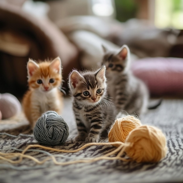 Photo adorable multicolored kittens playfully tangled in yarn in a sunlit living room