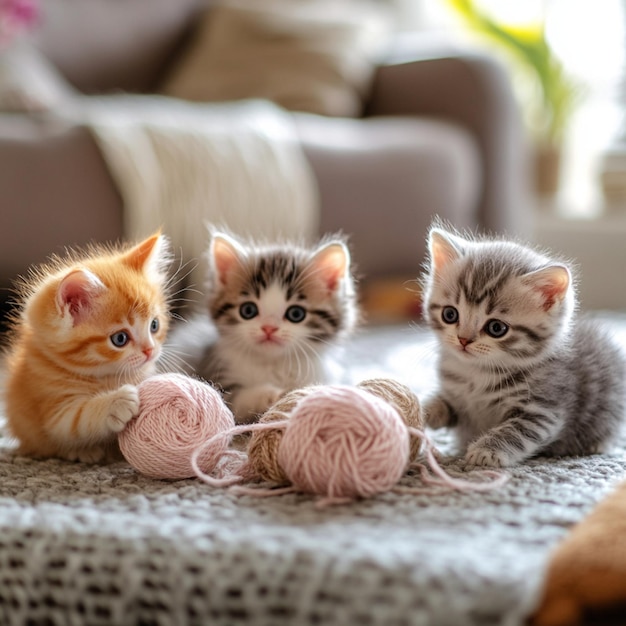 Photo adorable multicolored kittens playfully tangled in yarn in a sunlit living room