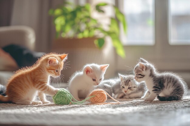 Photo adorable multicolored kittens playfully tangled in yarn in a sunlit living room