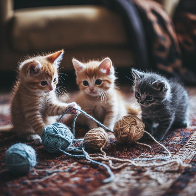 Photo adorable multicolored kittens playfully tangled in yarn in a sunlit living room